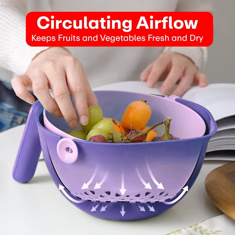 PRIME PICK سلة تصريف دوارة متعددة الاستخدامات سعة 2000 مل | غسالة أرز وفواكه وخضروات بطبقتين مع ميل 90°، تدفق هواء دائري، مقبض متين وقاعدة تصريف (بنفسجي) - Image 2