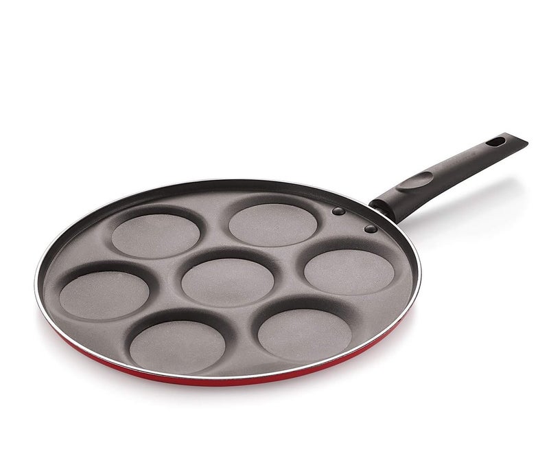 Dynore Aluminium Non Stick Mini Uttapam Pan - 7 Cavities 3 Layer Coating | Bakelite Handle| Gas/Induction Base Friendly Black/Red Color - Image 1