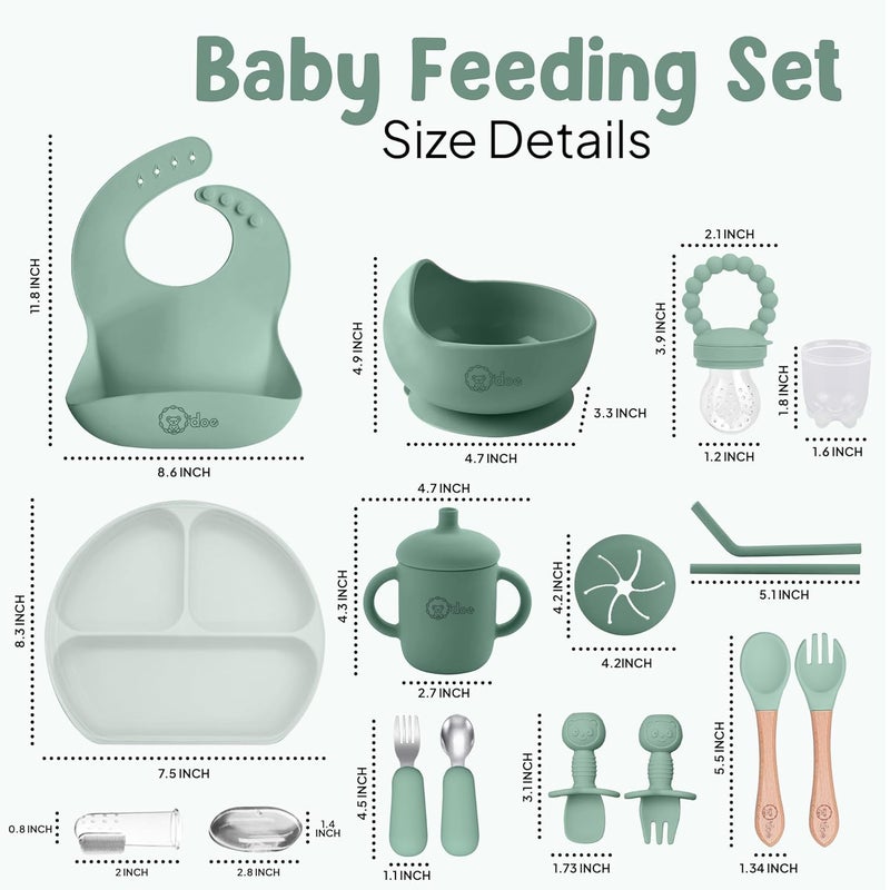 O'doe Odoe 11Piece BPAFree Silicone Baby Feeding Set  Thick  Soft Suction Plates Baby Bowls Wooden Fork  Spoon and More  Make Mealtime Fun and Easy for Your Little One Green V1 - Image 2