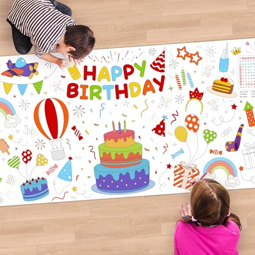 Childom 1 Pack Birthday Coloring Tablecloth Disposable Birthday Tablecloths 30x72 Inch Coloring Table Cloth Paper Tablecloth Rectangle Table Cover - Image 1