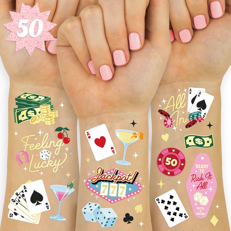 xo, Fetti Xo  Fetti Casino Temporary Tattoos - 50 Gold Foil | Bachelorette Decorations  Birthday Accessory  Las Vegas Bach Theme Favor  Game Night Bday Gift  Feeling Lucky Dice Decor  Girls Poker Party - Image 1