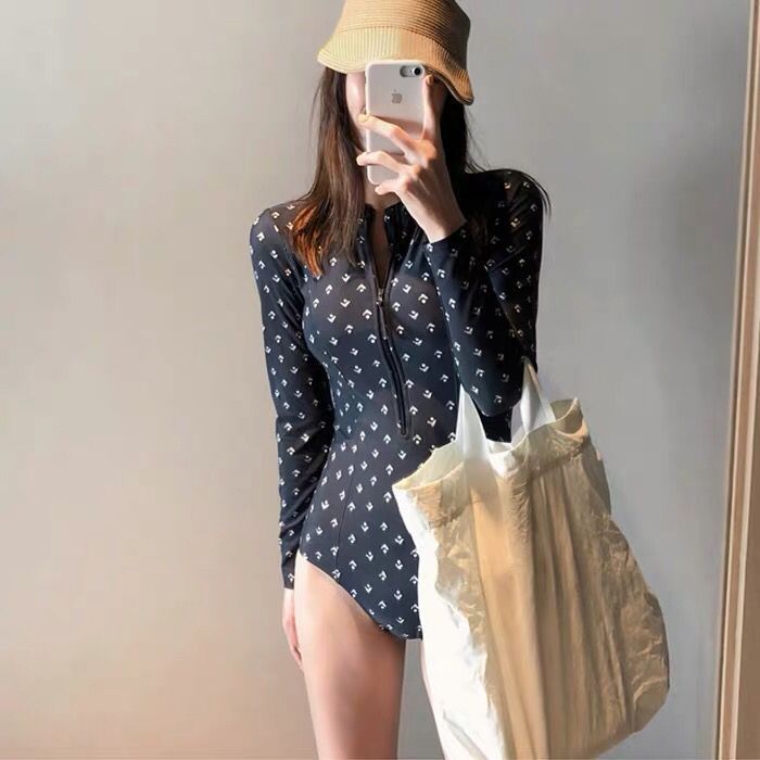 2025 Korean New Floral Zipper Swimsuit Slimming Look Belly-Covering Conservative Tight-Fitting Long-Sleeved Sun Protection One-Piece Swimsuit - Image 4