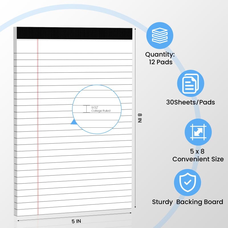 Ciphyfee 12pcs Small Note Pads, White Notepads 5x8 College Ruled Notebook, Writing Pads 5 x 8, Legal Pads, Pad Paper Perforate Notebooks for Work, Message, School, Office Supplies,30 Sheets/Pack - Image 2