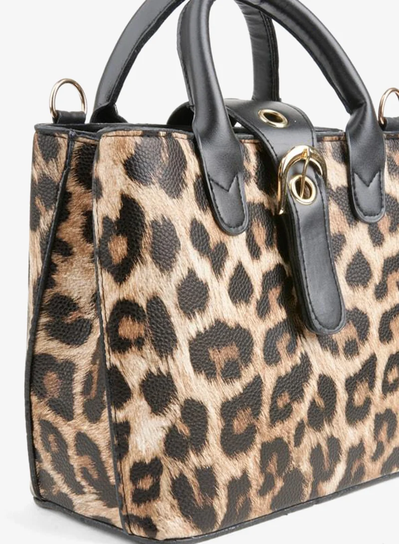 Women's Box Leopard-Patterned Faux Leather Removable Strap Snap Zipper Closure Hand and Shoulder Bag.