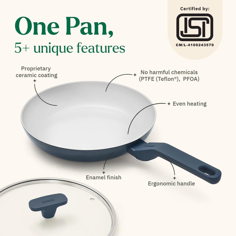 Ember Cookware مقلاة سيراميك أركيلا 24 سم | أدوات طهي غير لاصقة | مقلاة غير سامة مع غطاء زجاجي | معتمدة من ISI | مقلاة سيراميك للطهي | 1× ملعقة مسطحة | خالية من PFAS و PTFE | آمنة للاستخدام على الحث | زرقاء - Image 2