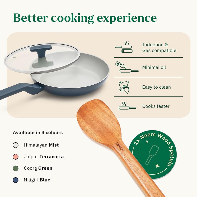 Ember Cookware مقلاة سيراميك أركيلا 24 سم | أدوات طهي غير لاصقة | مقلاة غير سامة مع غطاء زجاجي | معتمدة من ISI | مقلاة سيراميك للطهي | 1× ملعقة مسطحة | خالية من PFAS و PTFE | آمنة للاستخدام على الحث | زرقاء - Image 3