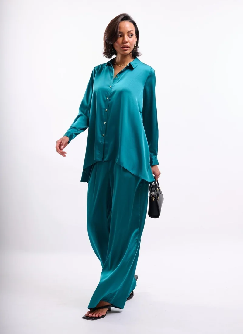 Faia  Teal Satin Wide Leg Trousers for Women | Best Price UAE