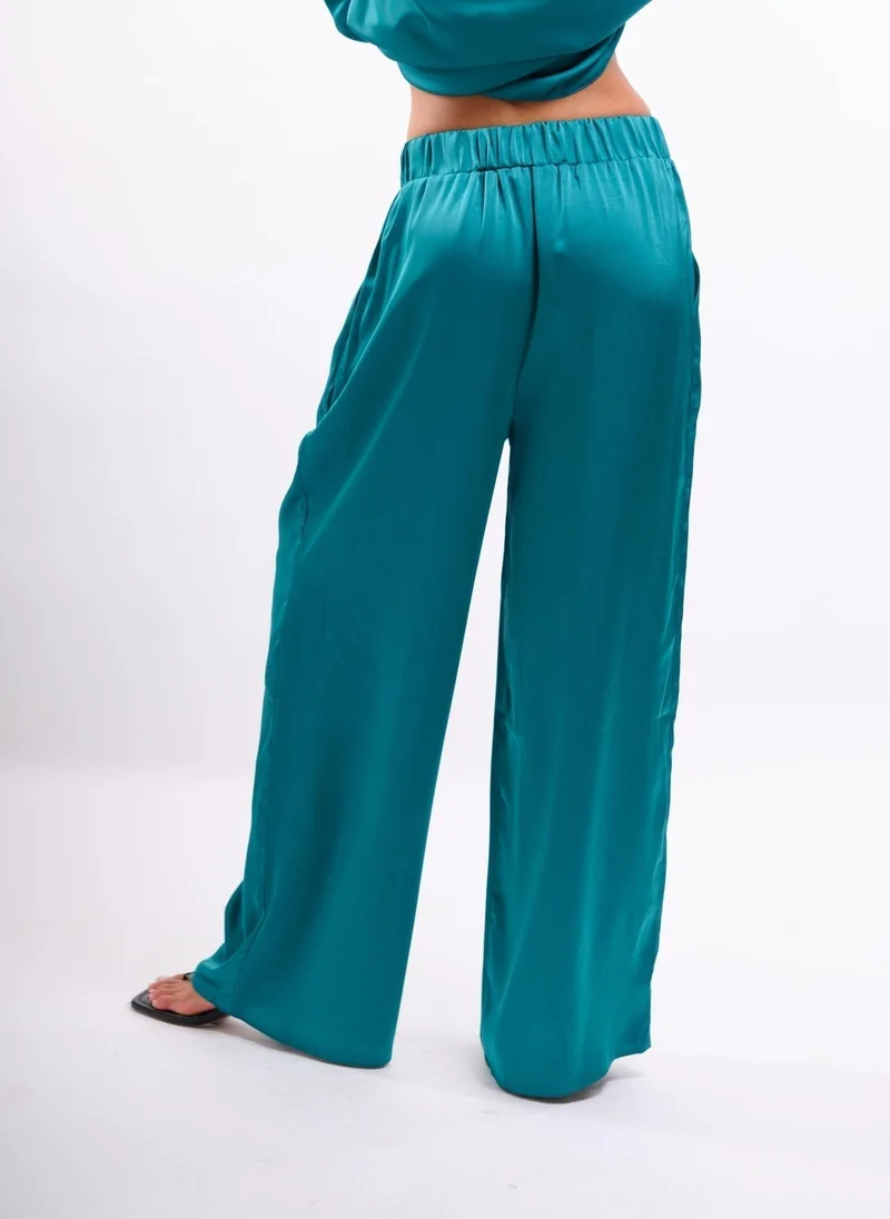 Faia  Teal Satin Wide Leg Trousers for Women | Best Price UAE