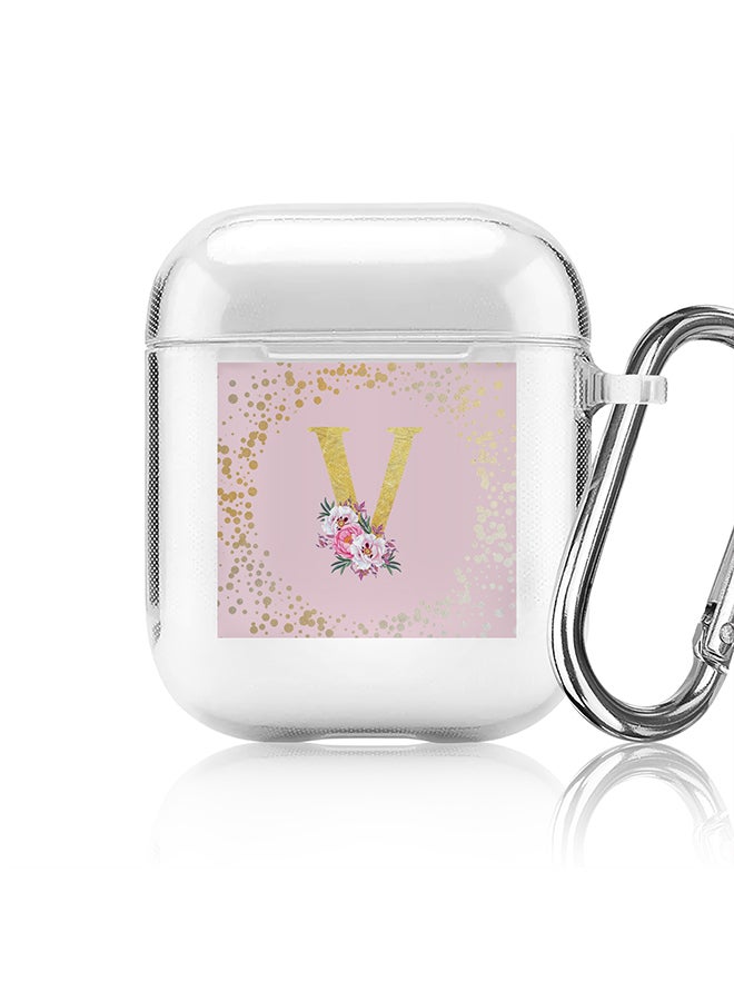 Stylizedd Classic Clear printed Case for Apple Airpods 2 / 1 Soft TPU Gel Thin Transparent Flexible Cover - Custom Monogram Initial Letter Floral Pattern Alphabet - V (Pink ) - Image 1