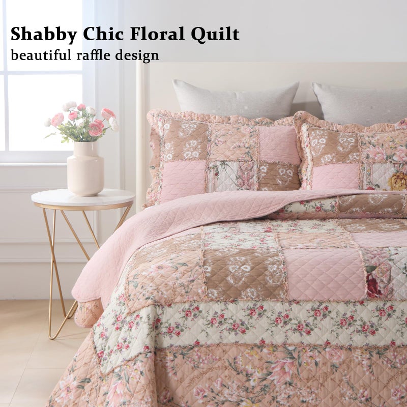 Yvooxny Quilts King Size Patchwork Pink Floral Quilt Set Vintage Shabby Chic Botanical Floral Quilted Bedspread 3-Piece Quilt Set with Ruffle for All Seasons, King Size, 106 * 98 Inches - Image 2
