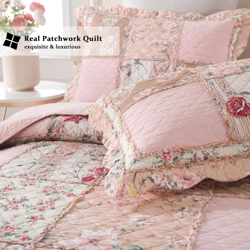Yvooxny Quilts King Size Patchwork Pink Floral Quilt Set Vintage Shabby Chic Botanical Floral Quilted Bedspread 3-Piece Quilt Set with Ruffle for All Seasons, King Size, 106 * 98 Inches - Image 5