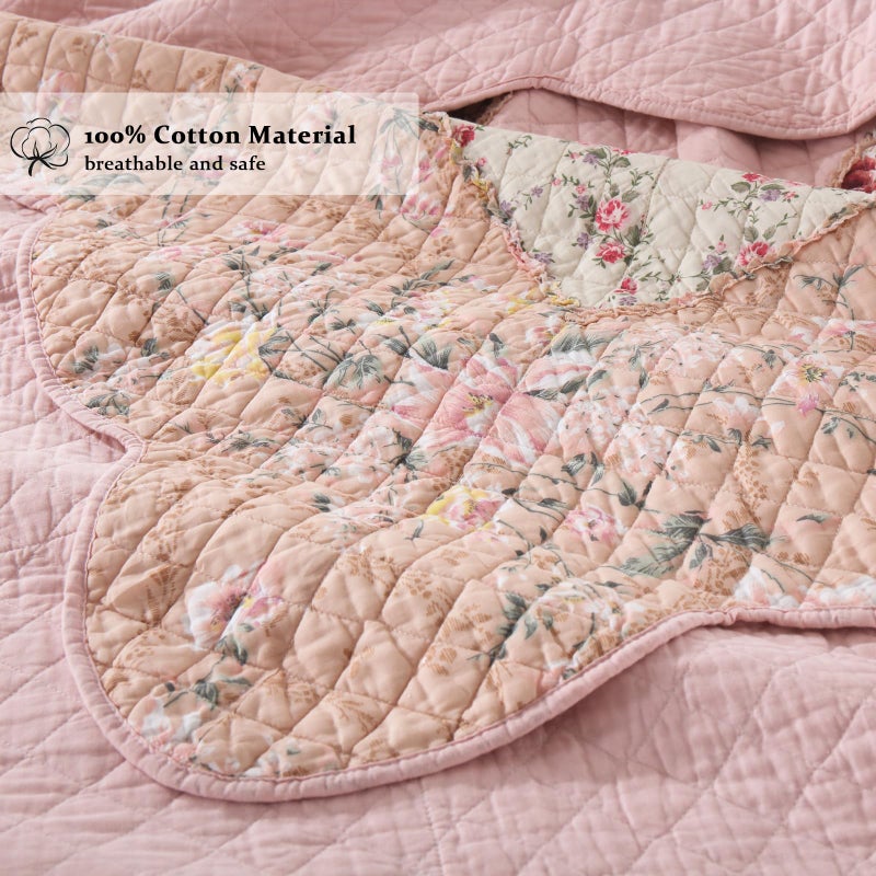 Yvooxny Quilts King Size Patchwork Pink Floral Quilt Set Vintage Shabby Chic Botanical Floral Quilted Bedspread 3-Piece Quilt Set with Ruffle for All Seasons, King Size, 106 * 98 Inches - Image 4