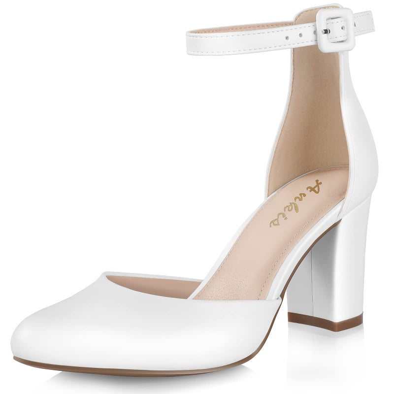 Ankis Closed Toe Heels for Women -White Womens Heels Closed Toe Chunky Block Pumps Shoes, 3 Inch - Image 1