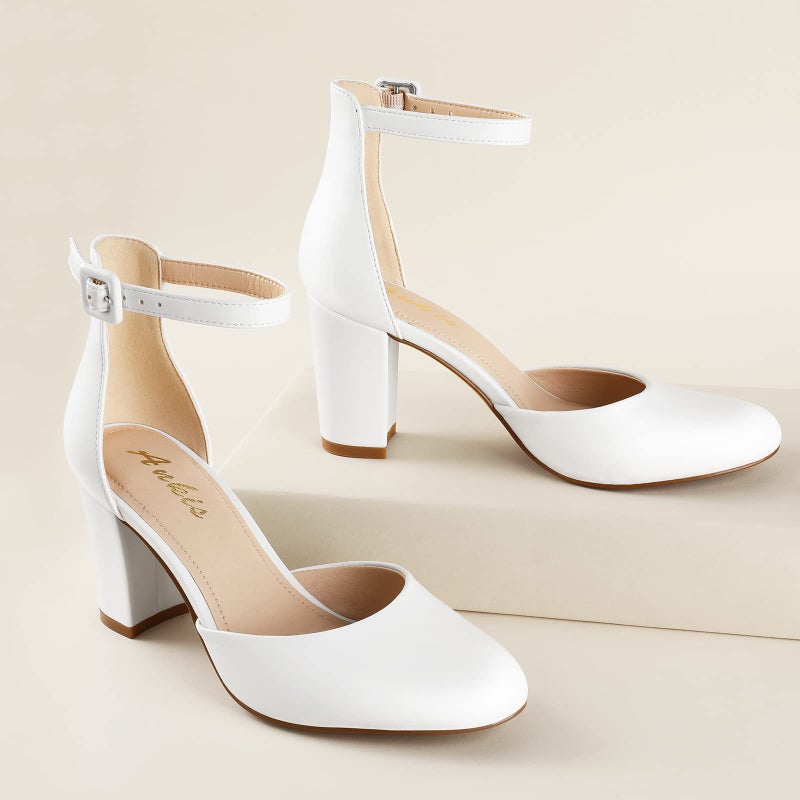 Ankis Closed Toe Heels for Women -White Womens Heels Closed Toe Chunky Block Pumps Shoes, 3 Inch - Image 5