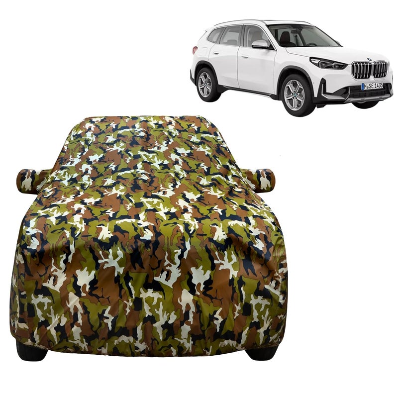 Vyas غطاء سيارة VYAS 100% مقاوم للماء لجسم BMW X1 مع جيب للمرايا حزام مزدوج الخياطة وقفل تثبيت مزدوج مرن، مادة متينة بتصميم تمويه مطبوع في الغابة - Image 1