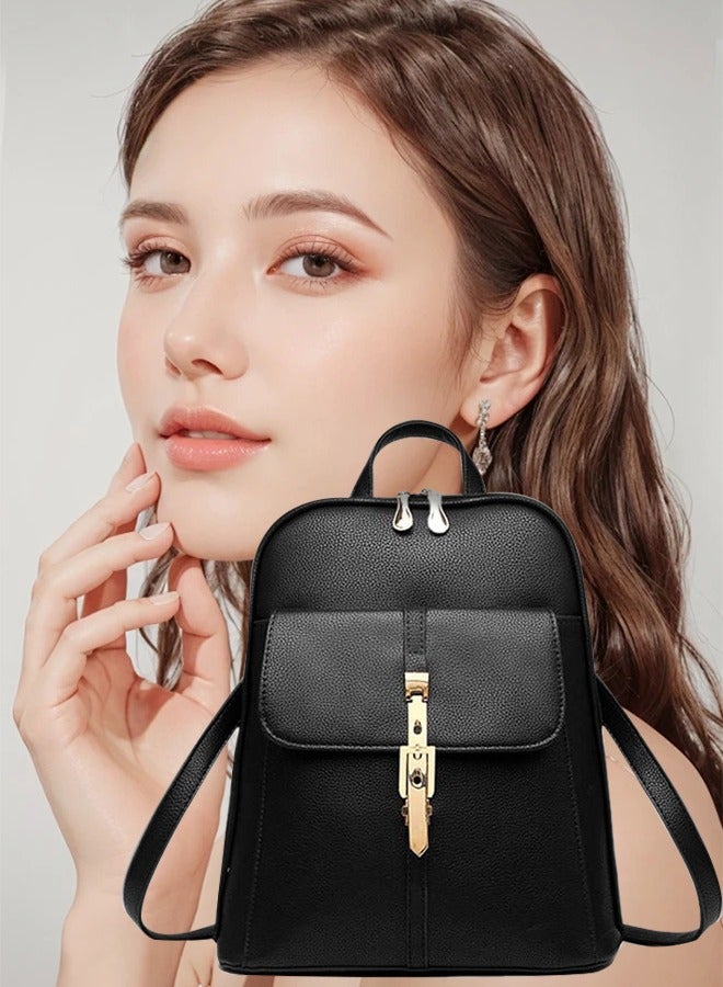 Loquat Casual Women Backpack Waterproof PU Leather Fashion Travel Backpack Ladies Large Capacity Black 28*13*33 cm  - Image 1