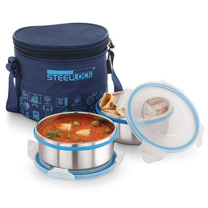 LUNCH BOX STAINLESS STEEL CONTAINERS LEAK PROOF WITH BPA FREE AIR TIGHT LIDS FABRIC JACKET 450ML X 2 PCS HL 1321