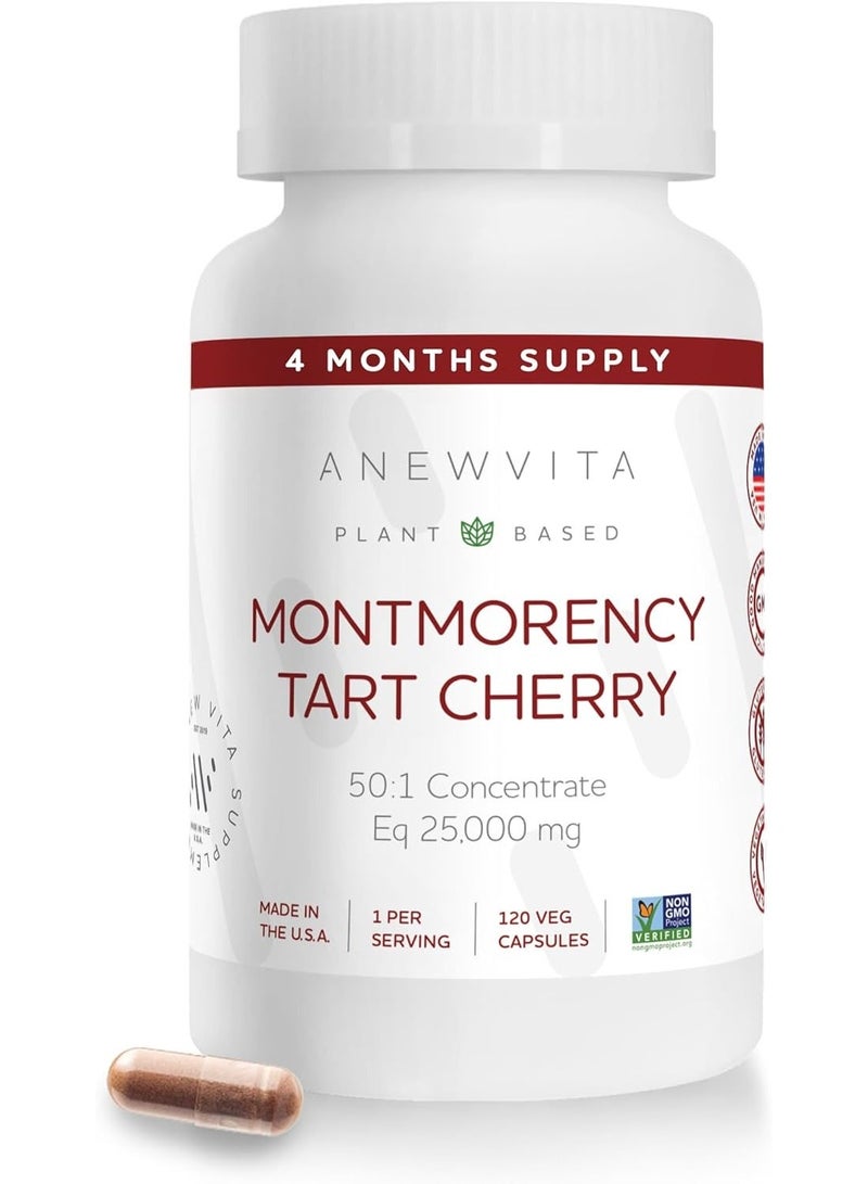 ANEW VITA Montmorency Tart Cherry Capsules for Gout & Muscles, CherryPURE 50:1 Concentrate eq. 25,000 mg, Non-GMO, Gluten-Free & Vegan, Made in the USA, 120-Count, 4-Month Supply - Image 1