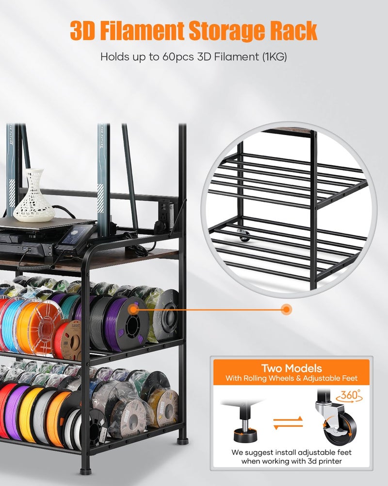 AHOWPD 3D Printer Rack Filaments Storage - Rolling 3d Printing Stand Filament Organizer, Spools Holder Racks Cart with Wheels, Heavy Duty Shelf Hold Spool PLA, ABS, PETG for Garage Office Workshop - Image 4