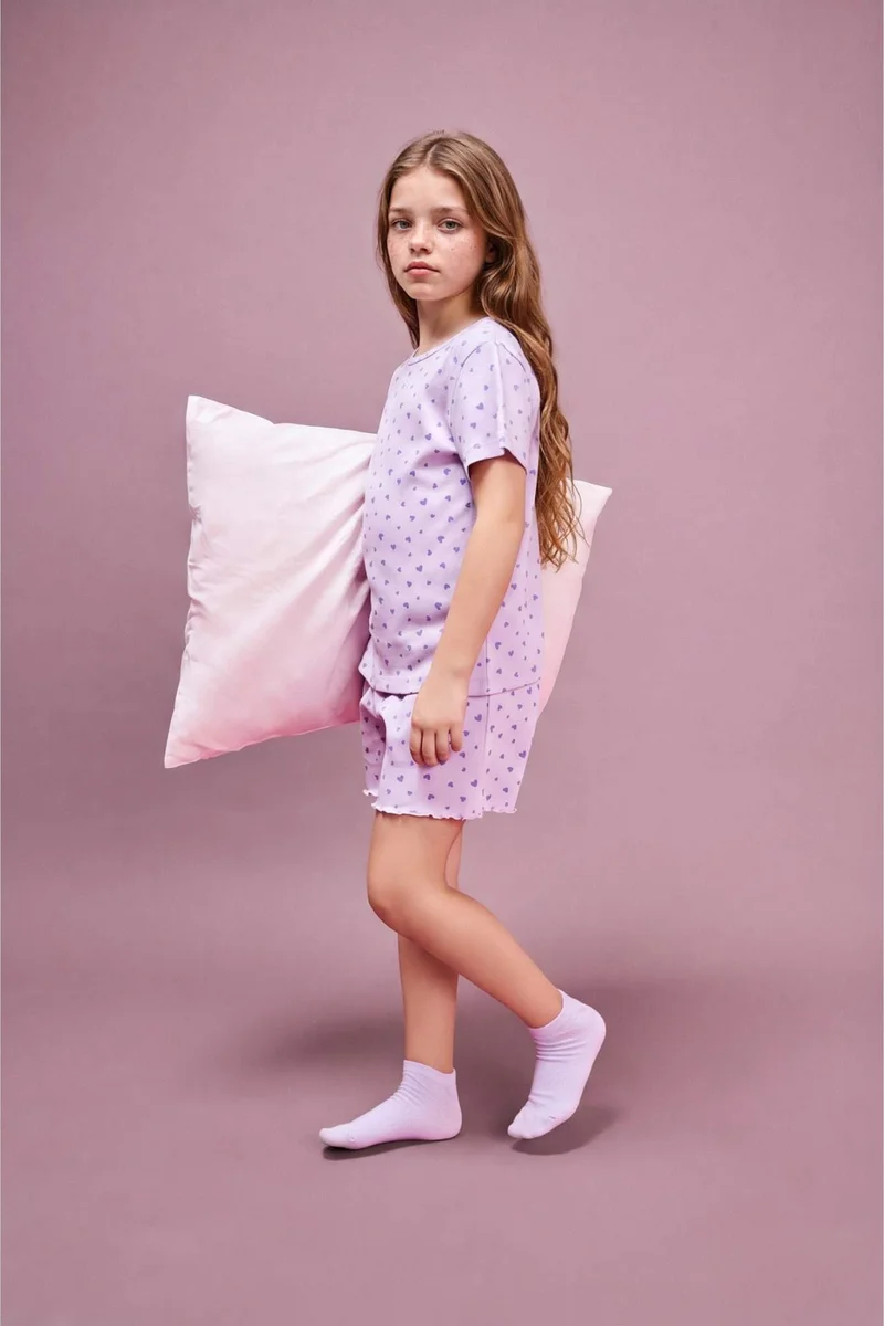 ديفاكتو Girl Regular Fit Ribbed T 2 Piece Pajama Set