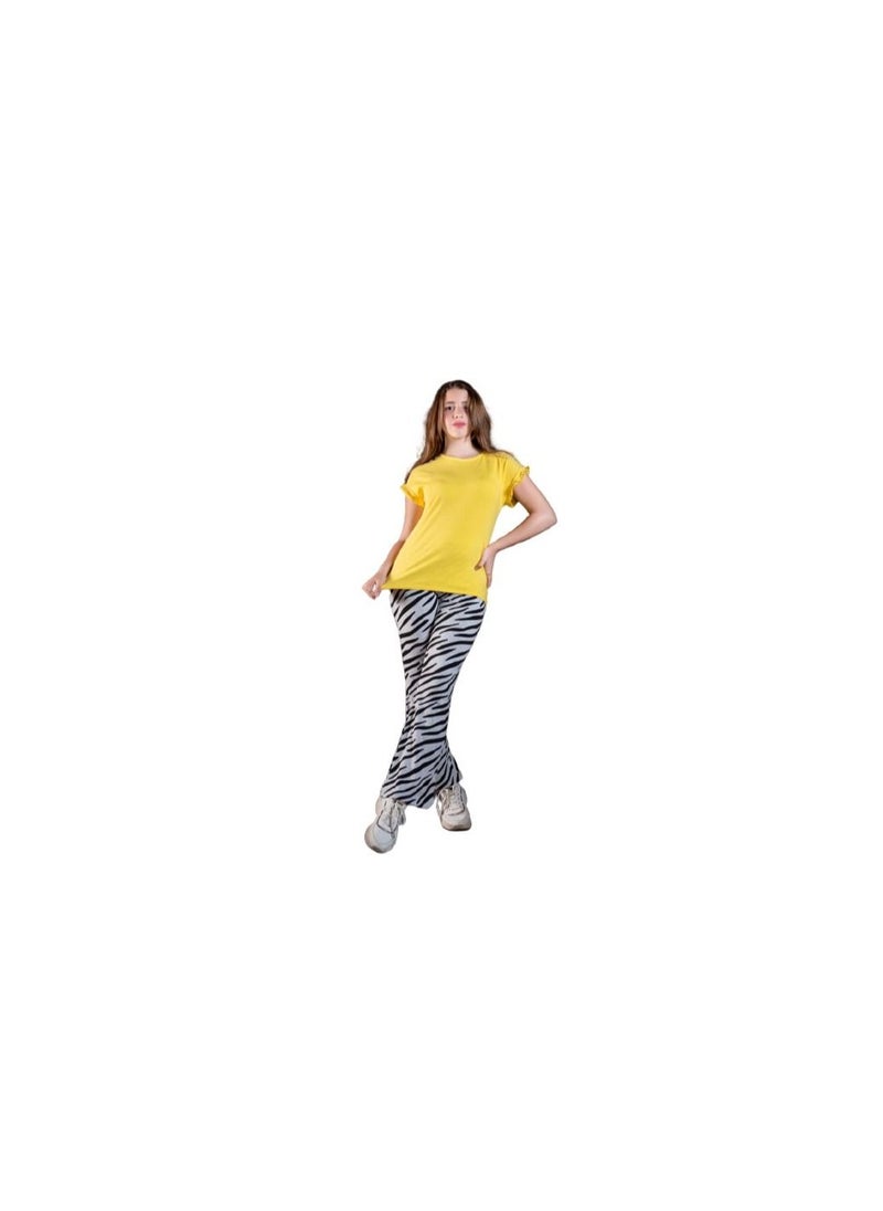 Generic - Girls' set consisting of a yellow T-shirt and white pants with black lines - Image 1