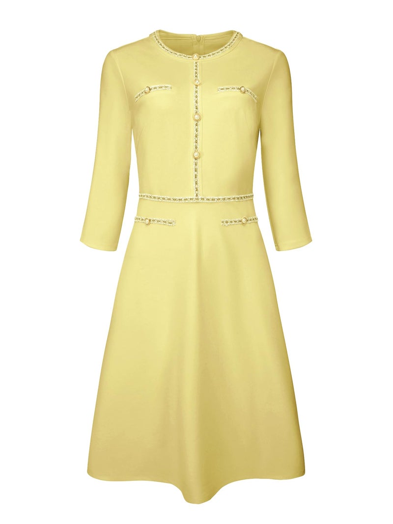 Hobemty Womens Church ALine Work 34 Sleeve Tweed Midi Dresses XLarge Yellow