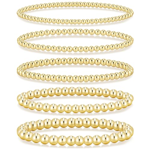 17mile 17 MILE 5 Pcs Beaded Bracelet Set for Women, 14K Gold Plated Stackable Stretch Bead Ball Bracelet Stack - Image 1