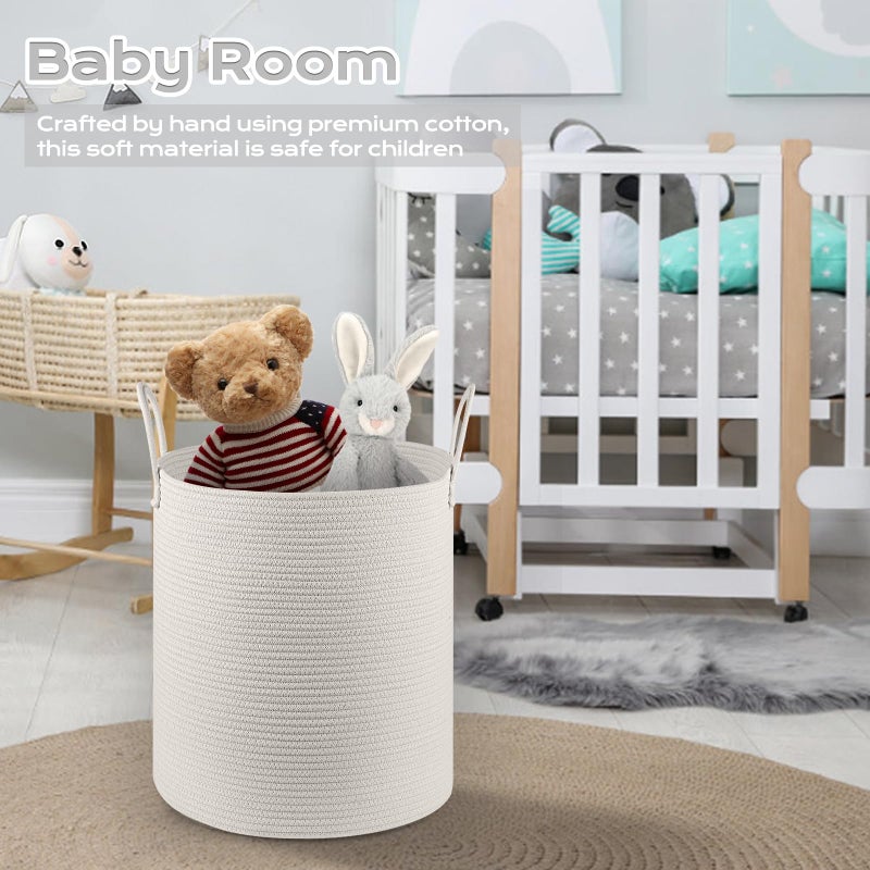 HOBASKET Cotton Rope Laundry Basket Hamper for Girls Kids Baby Nursery Hamper Bin Woven Storage Basket for Living Room cute laundry basket Tall Laundry Basket for Blanket Toy storage bin&box(White) - Image 4
