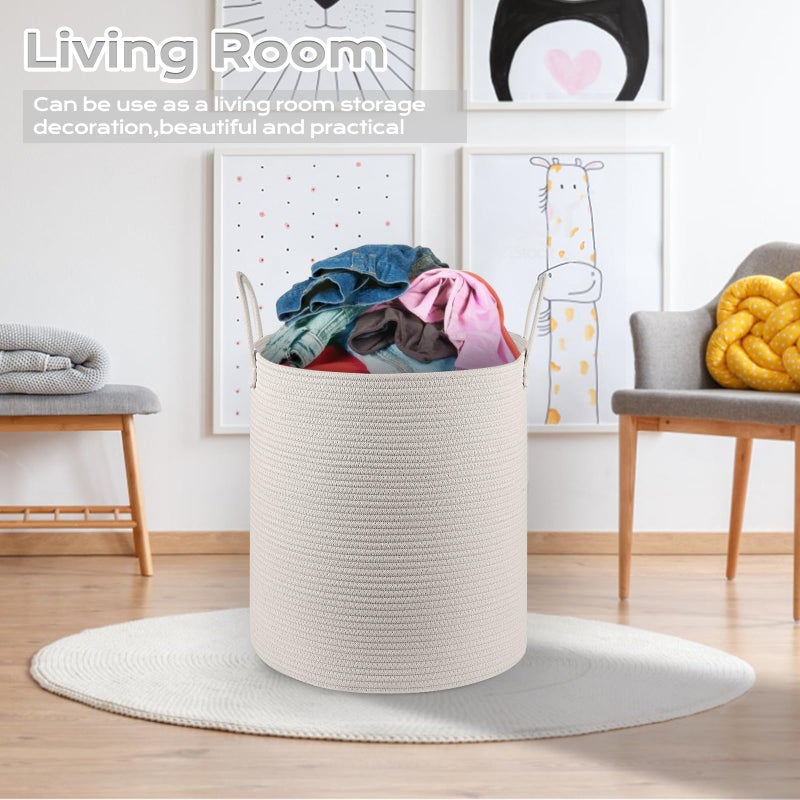 HOBASKET Cotton Rope Laundry Basket Hamper for Girls Kids Baby Nursery Hamper Bin Woven Storage Basket for Living Room cute laundry basket Tall Laundry Basket for Blanket Toy storage bin&box(White) - Image 5