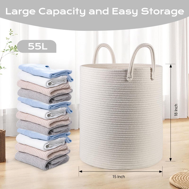 HOBASKET Cotton Rope Laundry Basket Hamper for Girls Kids Baby Nursery Hamper Bin Woven Storage Basket for Living Room cute laundry basket Tall Laundry Basket for Blanket Toy storage bin&box(White) - Image 2