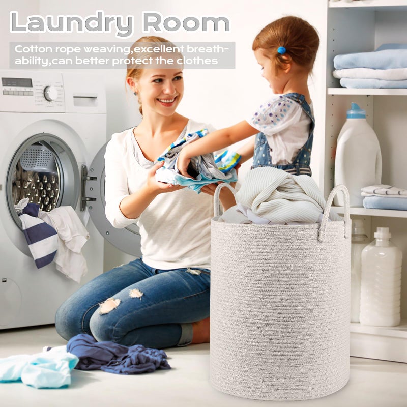HOBASKET Cotton Rope Laundry Basket Hamper for Girls Kids Baby Nursery Hamper Bin Woven Storage Basket for Living Room cute laundry basket Tall Laundry Basket for Blanket Toy storage bin&box(White) - Image 3