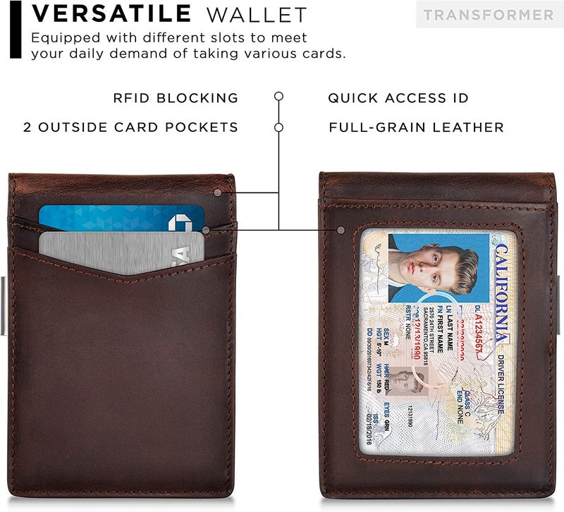 Contacts Genuine Leather Money Clip Wallet Slim Front Pocket RFID Blocking Card Holder Minimalist Mini Bifold for Men's | Up to 11 Card Slots Including 1 ID Window & 1 Bill Compartment (Brown) - Image 4