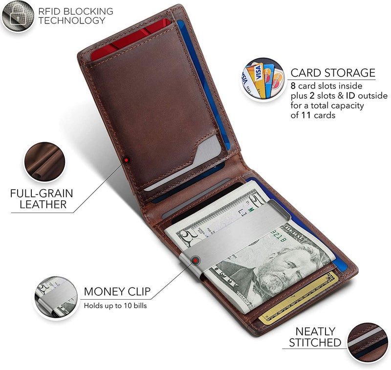 Contacts Genuine Leather Money Clip Wallet Slim Front Pocket RFID Blocking Card Holder Minimalist Mini Bifold for Men's | Up to 11 Card Slots Including 1 ID Window & 1 Bill Compartment (Brown) - Image 5