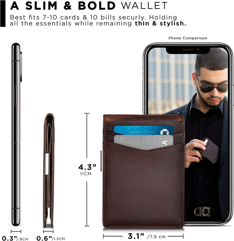 Contacts Genuine Leather Money Clip Wallet Slim Front Pocket RFID Blocking Card Holder Minimalist Mini Bifold for Men's | Up to 11 Card Slots Including 1 ID Window & 1 Bill Compartment (Brown) - Image 2