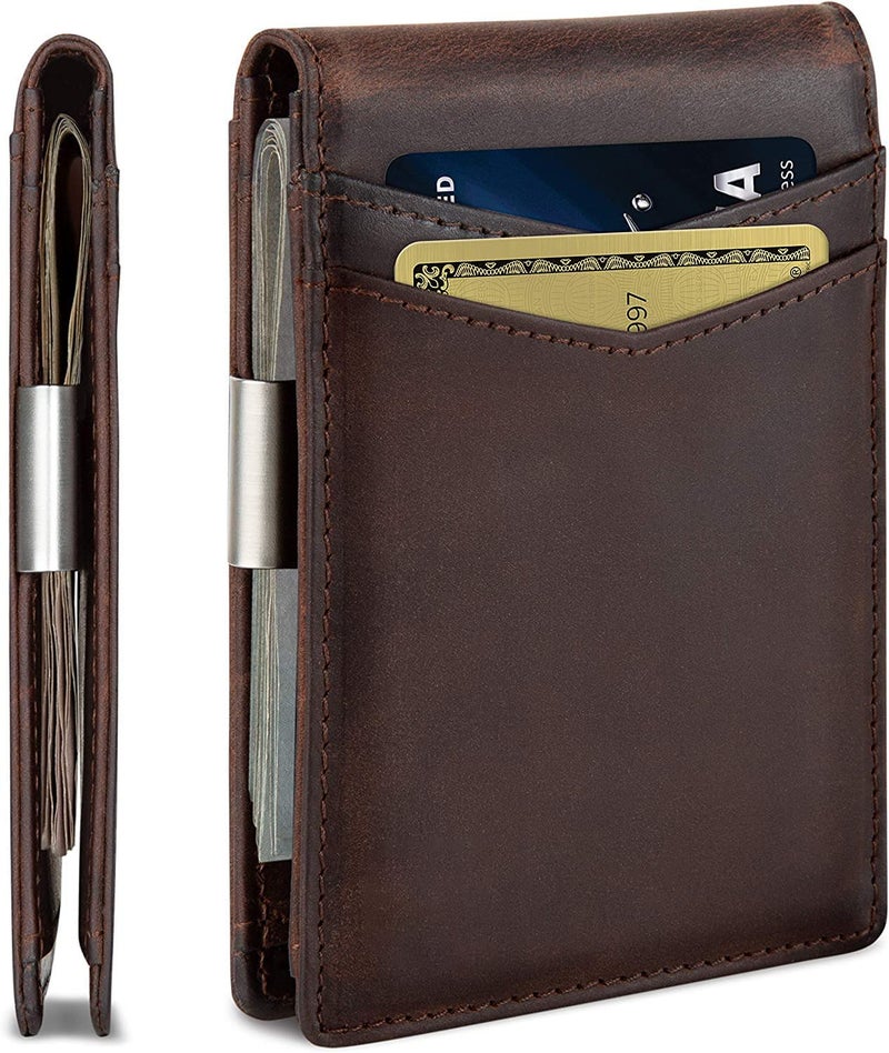 Contacts Genuine Leather Money Clip Wallet Slim Front Pocket RFID Blocking Card Holder Minimalist Mini Bifold for Men's | Up to 11 Card Slots Including 1 ID Window & 1 Bill Compartment (Brown) - Image 1