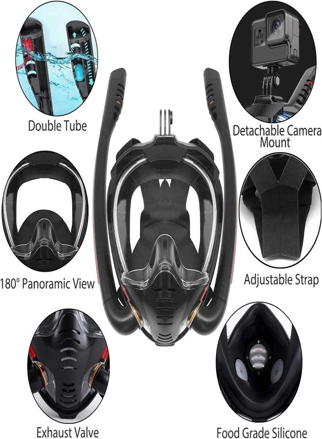 VBM Full Face Snorkel Mask with Anti-Fog Wipes, 180 Degree Panoramic HD View Snorkeling Mask, Double Tubes Designed Anti-Leak Dry Top Set for Adults and Kids(Black -L/XL) - Image 2