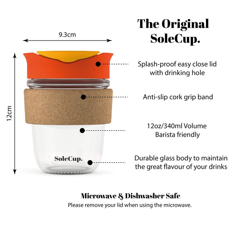 SoleCup. - Reusable Strengthened Glass Travel Cup - Spill Proof Coffee Mug - 12oz/340ml BPA-Free Hot Drink Travel Mug with Lid & Cork Band (Red, 12oz) - Image 2