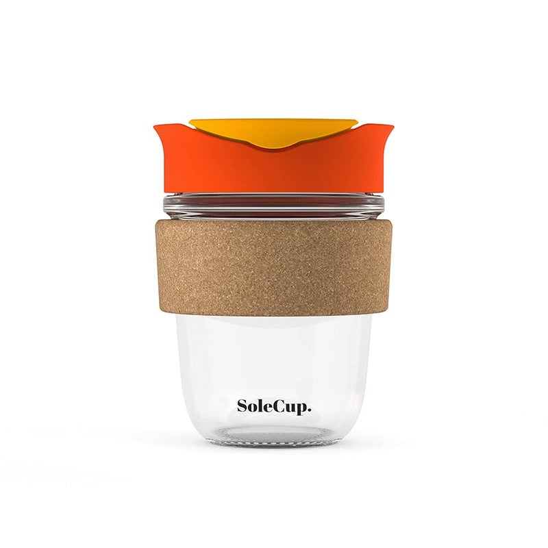 SoleCup. - Reusable Strengthened Glass Travel Cup - Spill Proof Coffee Mug - 12oz/340ml BPA-Free Hot Drink Travel Mug with Lid & Cork Band (Red, 12oz) - Image 1