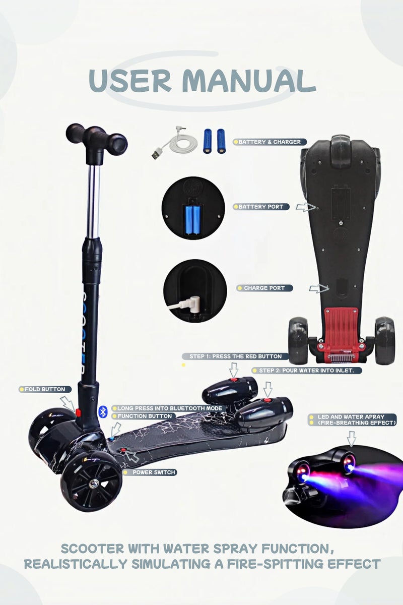 EASY FUTURE 3 Wheel Kick Scooter for Kids Ages 3-14, Lean to Steer with LED Light-Up Wheels, Bluetooth Music, Water Spray Smoke Effect – Foldable & Safe Ride for Boys and Girls - Image 3