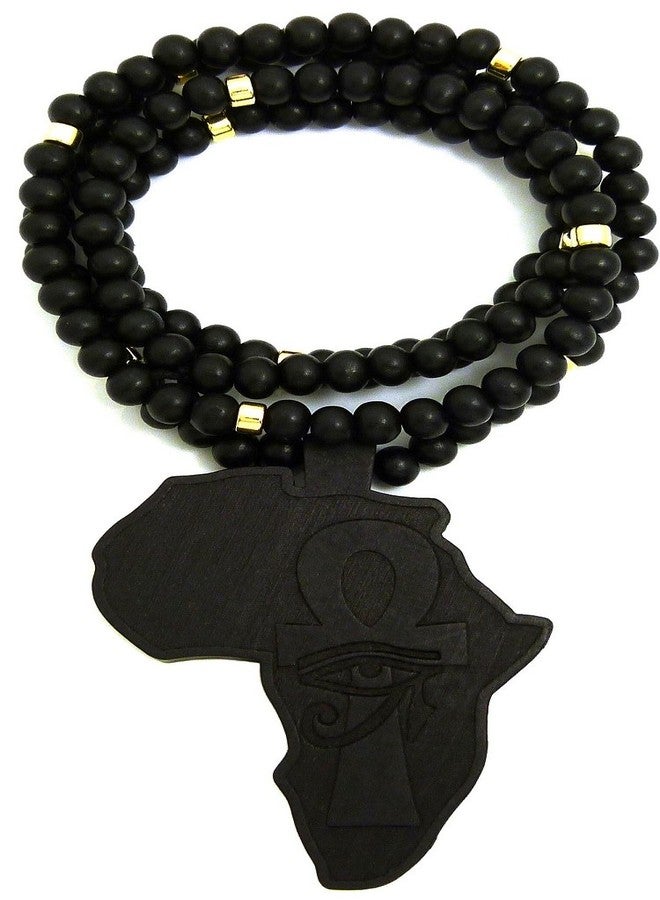 GWOOD Africa with Eye on Ankh Wood African Pendant and 36 Inch Long Beaded Necklace (Black) - Image 1
