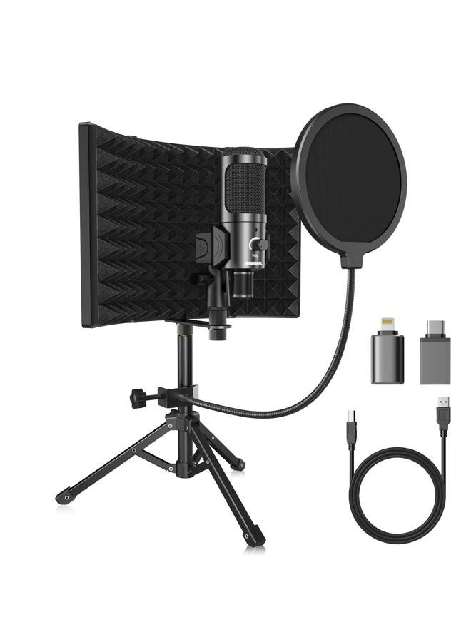 Riworal Studio Recording Microphone Isolation Shield with Pop Filter and Metal Tripod Stand USB Condenser Mic to PC Laptop Smartphone, Mic for Recording Singing Podcasting - Image 1