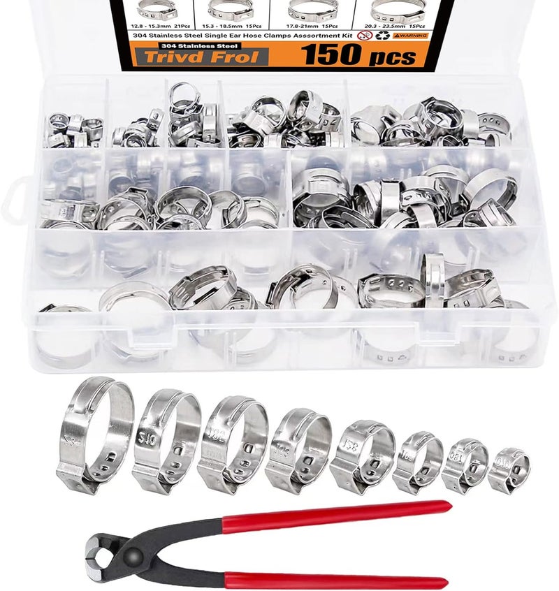 Trivd Frol 150Pcs 304 Stainless Steel Single Ear Hose Clamp Assortment Kit with Pincer - Image 1