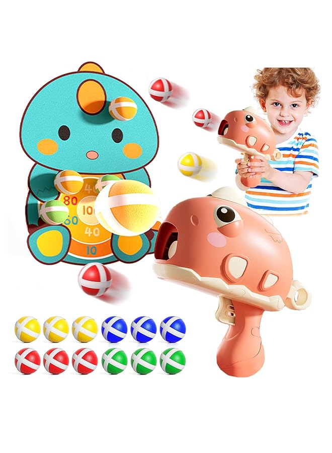 رايتشر لعبة مسدس ديناصور للأطفال، مسدس رصاص ناعم، لعبة إطلاق كرة وهدف لاصق، لعبة تفاعلية داخلية وخارجية مع 12 كرة وهدف، ألعاب خارجية، لوحة رمي السهام للأطفال (وردي) - Image 1