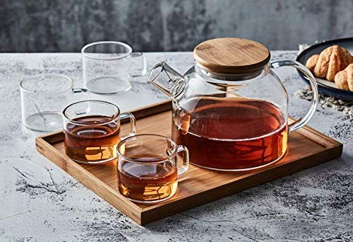 OANGO غلاية شاي مثلجة من أونغو زجاج مقاوم للحرارة مع غطاء خشبي، 4 أكواب وصينية خشبية واحدة - Image 1