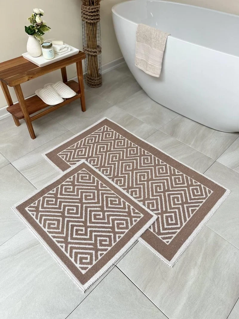 Bluenity Labyrinth Natural Cotton Bath Mat Set of 2 60X100+50X60 cm - Beige