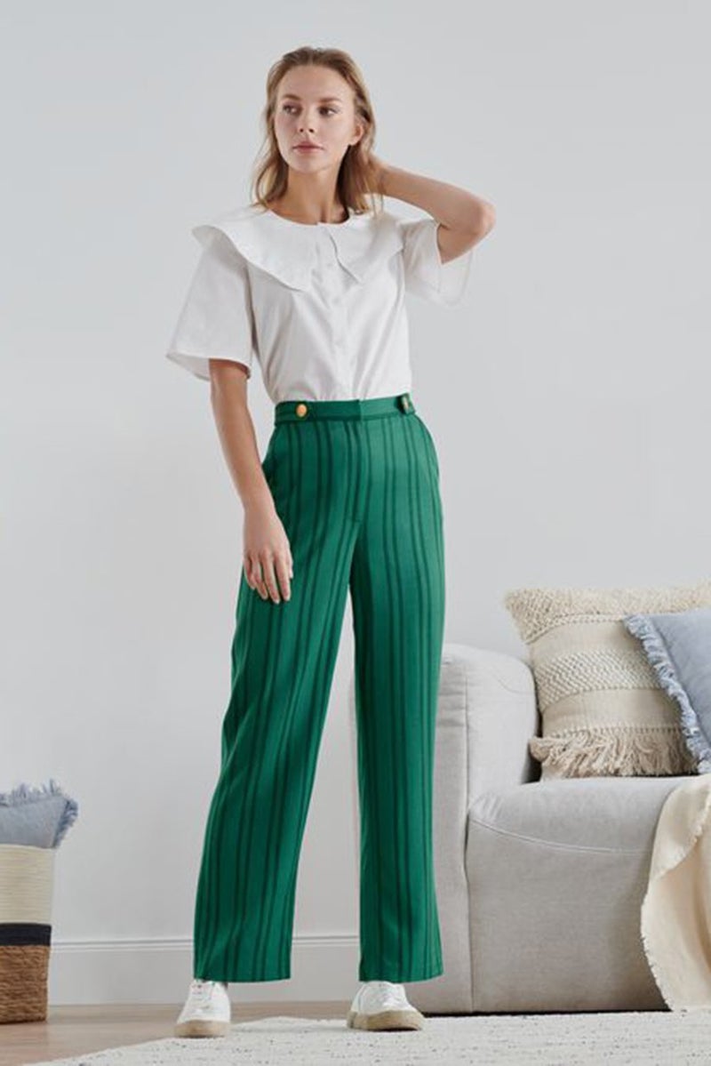 Tchibo Women Straight Leg Striped Pants, Green  - Image 1