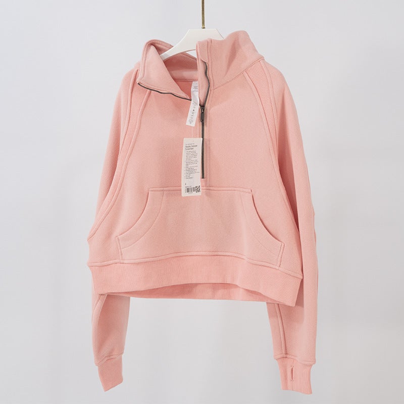 Generic Autumn and Winter New Thickened High Neck Sweatshirt Womens Sports Half Zipper Loose Coat Long Sleeve Jogging Fitness Yoga Clothes Peony pink 043 turtleneck 