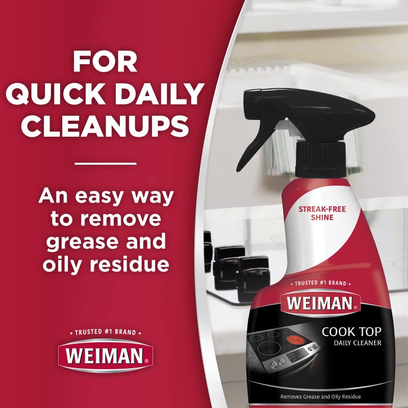 Weiman Glass Cooktop Cleaner & Polish For Daily Use on Ceramic, Induction Stove Top, Removes Grease & Oily Residue, Streak Free Shine, 12 oz, 2 Pack, Micro Fiber Buffing Towel - Image 3