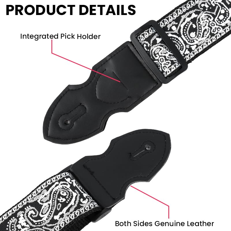 HASTHIP ® Guitar Strap Fashion Boho Embroidered Adjustable Strap with Guitar Pick Holder Slot, Wide Nylon Straps for Acoustic, Bass, and Electric Guitars, 85-140cm - Image 4