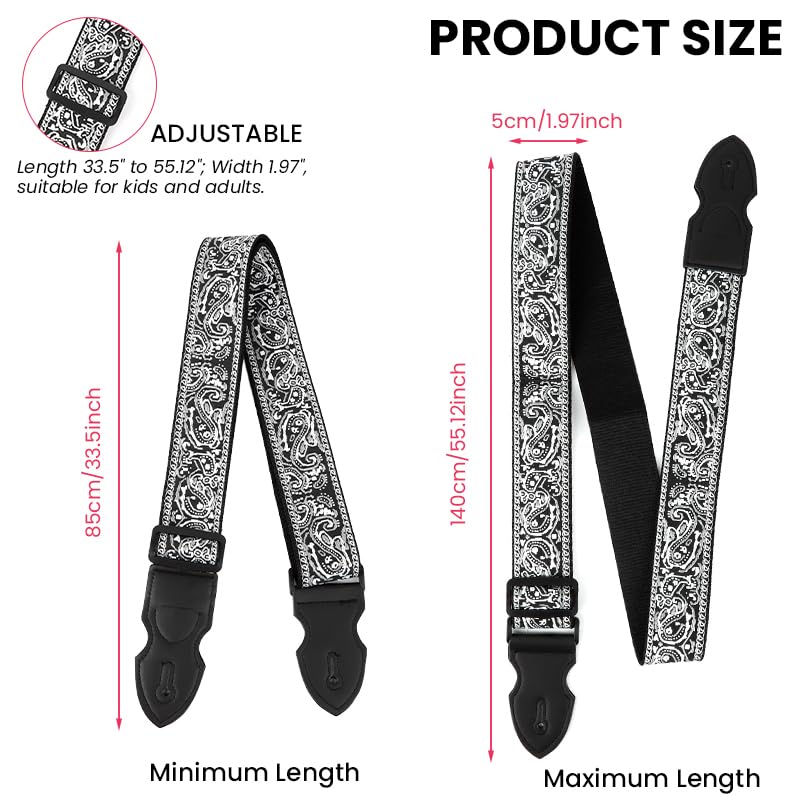 HASTHIP ® Guitar Strap Fashion Boho Embroidered Adjustable Strap with Guitar Pick Holder Slot, Wide Nylon Straps for Acoustic, Bass, and Electric Guitars, 85-140cm - Image 2